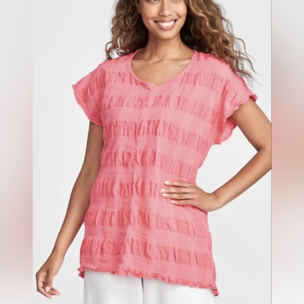 Flax Feather Tee Size M Watermelon Linen Cotton Blend Lagenlook Cap Sleeve Boho